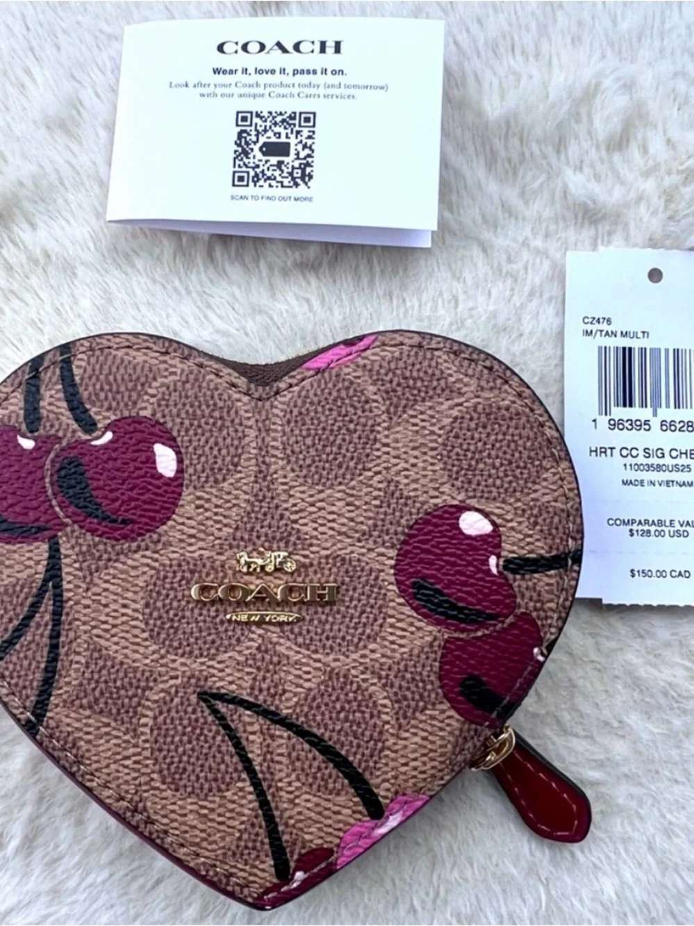 Coach CZ477 Leather Heart Coin Case With Cherry Print